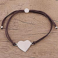 Sterling silver pendant bracelet, 'Heartfelt Shimmer in Brown' - Sterling Silver Heart Pendant Bracelet in Brown from India