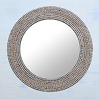 Iron mosaic wall mirror, 'Shimmery Allure' - Circular Shimmering Metal Wall Mirror from India