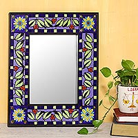 Ceramic mosaic wall mirror, 'Sunny Leaves' - Ceramic Wall Mirror with Sun and Leaf Mosaic from India