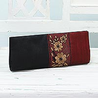 Embroidered clutch handbag, 'Flowery in Black and Crimson' - Black and Crimson Clutch Evening Handbag from India