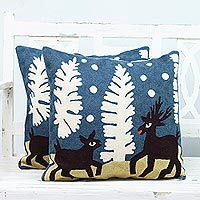 Cotton cushion covers, 'Deer in Love' (pair) - Two Embroidered Cotton Cushion Covers with Deer from India