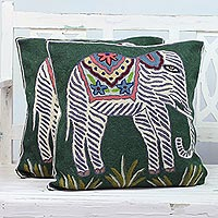 Cotton cushion covers, 'Floral Elephants' (pair) - Pair of Embroidered Green and White Elephant Cushion Covers