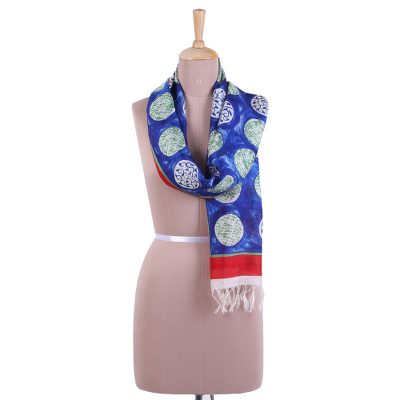 Hand painted silk scarf, Circle Dance in Royal Blue