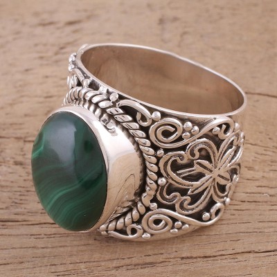 Handmade Silver and Green Malachite Cocktail Ring from India