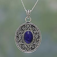 Lapis lazuli pendant necklace, 'Framed Blue' - Lapis Lazuli and Sterling Silver Pendant Necklace from India