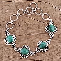 Malachite link bracelet, 'Lush Connection' - Malachite Swirling Link Bracelet Crafted in India
