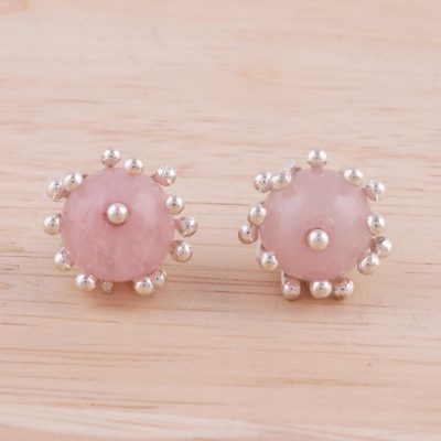 Rose quartz stud earrings, 'Rose Grace' - Rose Quartz and Sterling Silver Stud Earrings from India