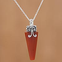 Onyx pendant necklace, 'Crystal of Power in Red' - Red Onyx and Sterling Silver Pendant Necklace from India