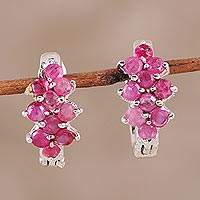 Ruby hoop earrings, 'Red Hyacinth' - Red Ruby and Sterling Silver Half Hoop Earrings from India