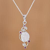 Ruby and moonstone pendant necklace, 'Moonlight Revel' - Moonstone and Ruby Sterling Silver Pendant Necklace