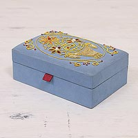 Embroidered jewelry box, 'Golden Floral Dance' - Floral Embroidered Jewelry Box in Sky Blue from India