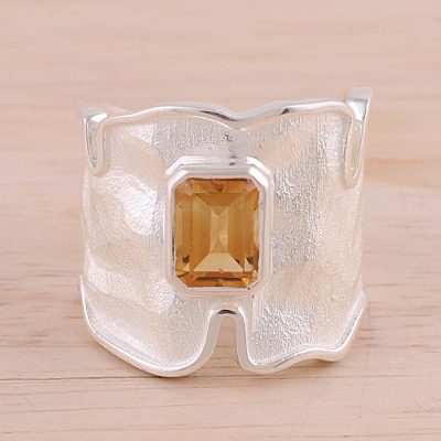 Rhodium Plated Wavy Citrine Single Stone Ring from India