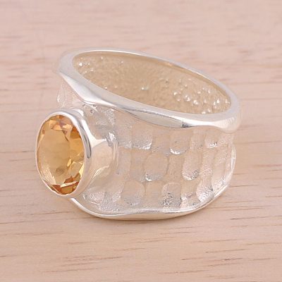 Rhodium Plated Textured Citrine Single Stone Ring from India