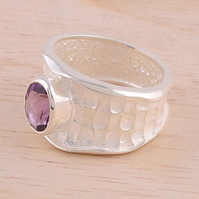 Rhodium Plated Textured Amethyst Single Stone Ring