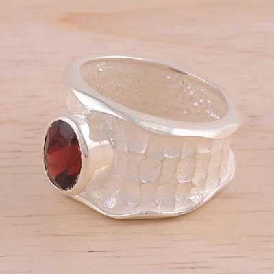 Rhodium Plated Textured Garnet Single Stone Ring from India