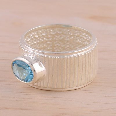 Rhodium Plated Blue Topaz Single Stone Ring from India