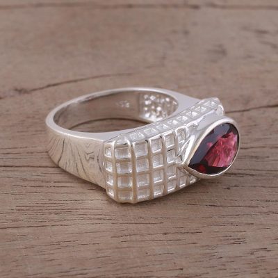 Garnet and Rhodium-Plated Sterling Silver Cocktail Ring