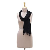 Silk and wool blend scarf, 'Black Muse' - Silk and Wool Blend Black Wrap Scarf from India