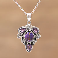 Amethyst pendant necklace, 'Royal Heart' - Amethyst and Composite Turquoise Pendant Necklace
