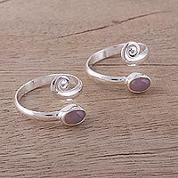 Rose quartz toe rings, 'Pink Curl' (pair) - Two Rose Quartz and Sterling Silver Toe Rings from India