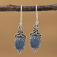 Chalcedony dangle earrings, 'Elegant Gloss in Blue' - Blue Chalcedony and 925 Silver Dangle Earrings from India
