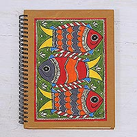 Madhubani journal, 'Joyful Fishes' - Madhubani Blank 40 Page Journal with Handmade paper