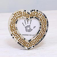 Glass mosaic photo frame, 'Alluring Heart' (3 in.) - 3 in. Handcrafted Glass Mosaic Heart Photo Frame from India