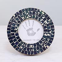 Glass photo frame, 'Bubbling Memories in Blue' (4 inch) - 4 Inch Circular Blue Glass Mosaic Photo Frame from India