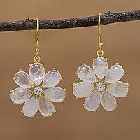 Gold plated rainbow moonstone and aquamarine dangle earrings,