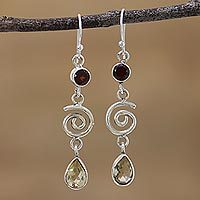 Citrine and garnet dangle earrings,