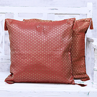 Brocade cushion covers, 'Crimson Grandeur' (pair) - Two Crimson and Gold Floral Brocade Cushion Covers