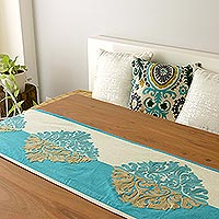 Chain-stitched cotton table runner, 'Majestic Fusion' - Cotton Blend Turquoise Beige Leaf Embroidered Table Runner