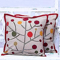 Cotton cushion covers, 'Lollipop Tree' (pair) - All Cotton Cushion Covers with Stylized Tree Motifs (Pair)