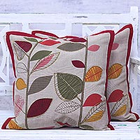Cotton cushion covers, 'Vibrant Leaves' (pair) - Multicolored Cotton Cushion Covers with Leaf Motifs (Pair)