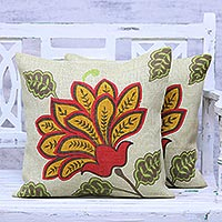 Jute cushion covers, 'Radiant Bloom' (pair) - Pair of Floral Printed Jute Cushion Covers from India