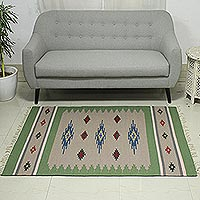Wool dhurrie rug, 'Avocado Brilliance' (4x6) - Handwoven Dhurrie Rug with Geometric Pattern from India