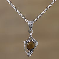 Rhodium plated tiger's eye pendant necklace, 'Earthy Bliss' - Rhodium Plated Tiger's Eye Leaf Pendant Necklace from India