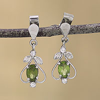 Peridot dangle earrings, 'Leafy Spade' - Peridot CZ Rhodium-Plated Sterling Silver Dangle Earrings