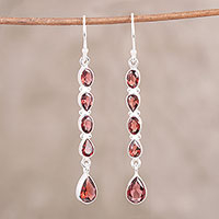 Garnet dangle earrings, 'Sparkling Rain' - Handcrafted Teardrop Garnet Dangle Earrings from India