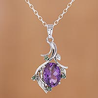 Rhodium plated amethyst and emerald pendant necklace, 'Harmony Vine' - Rhodium Plated Amethyst and Emerald Necklace from India