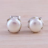 Cultured pearl stud earrings, 'Timeless Appeal' - Rhodium Plated Cultured Pearl Stud Earrings from India