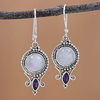 Rainbow moonstone and amethyst dangle earrings, 'Majestic Windows' - Rainbow Moonstone and Amethyst Dangle Earrings from India