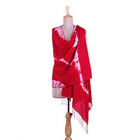 Tie-dyed silk and wool blend shawl, 'Strawberry Magic' - Tie-Dyed Silk and Wool Blend Shawl in Strawberry from India