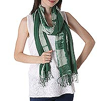 Tie-dyed cotton shawl, 'Moss Green Paradise' - Tie-Dyed Cotton Shawl in Moss Green from India