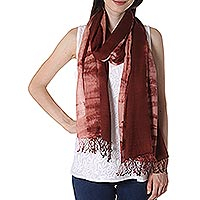 Tie-dyed cotton shawl, 'Maroon Mythos' - Tie-Dyed Fringed Cotton Shawl in Maroon from India