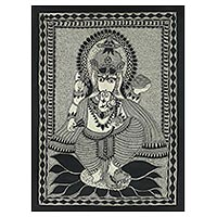 Madhubani painting, 'Ganesha’s Feast' - Freehand India Madhubani Folk Art Painting in Grey and Black