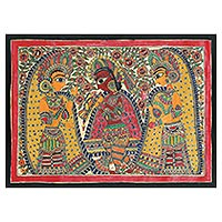 Madhubani painting, 'Euphoria' - Authentic Signed Madhubani Folk Art Painting of Krishna