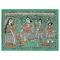 Madhubani painting, 'Wedding Celebrations' - Signed Freehand Madhubani Painting of Rama and Sita