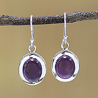 Amethyst dangle earrings, 'Haloed Purple' - Amethyst and Sterling Silver Dangle Earrings from India