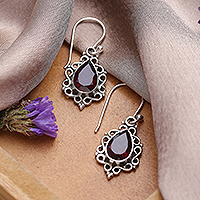 Garnet dangle earrings, 'Red Intricacy' - Sterling Silver and Garnet Dangle Earrings from India